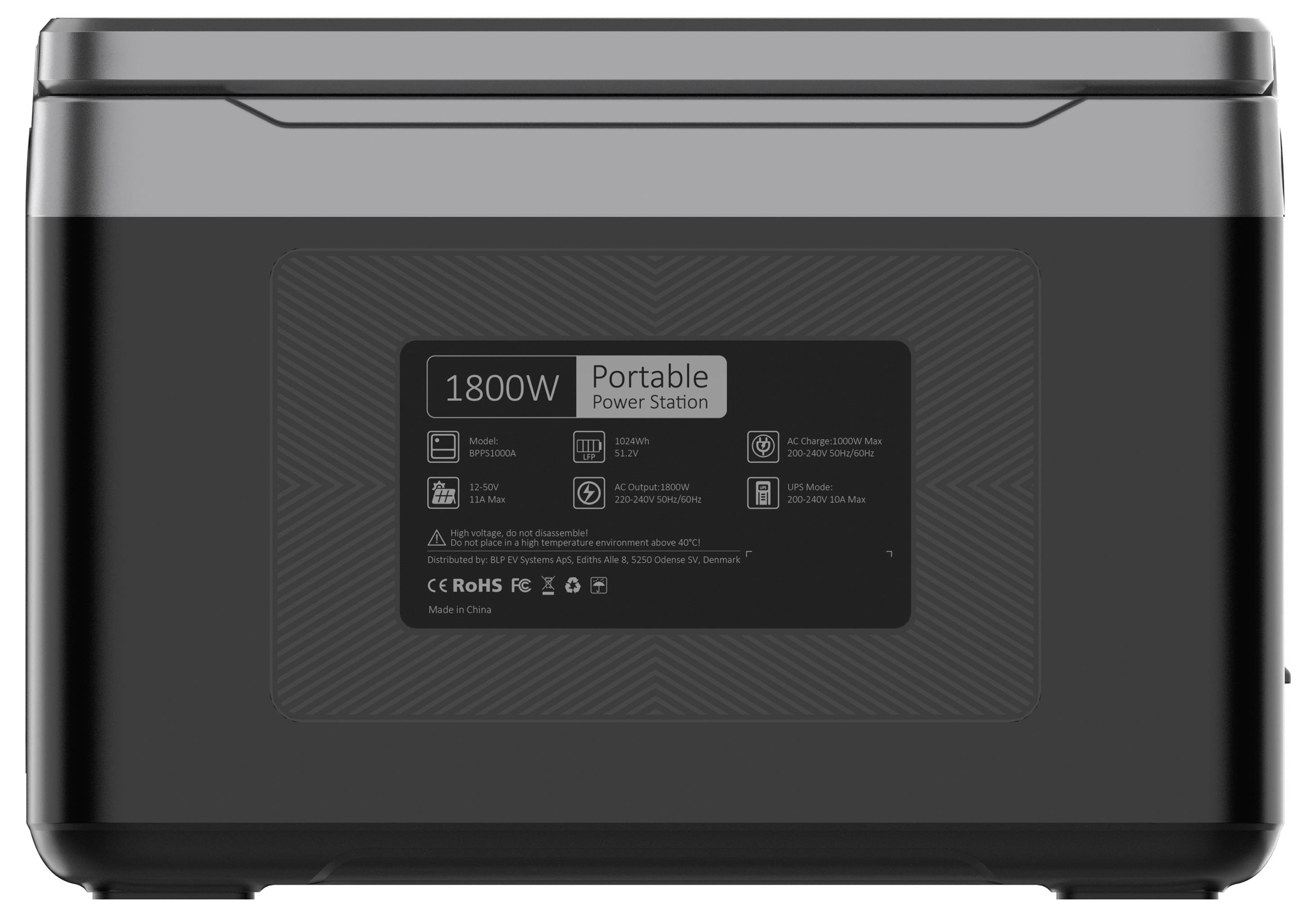 Eine tragbare Stromstation mit einer Kapazität von 1800W und mehreren aufgelisteten Funktionen, einschließlich AC-Ausgang, Solarladung und USB-Anschlüssen.