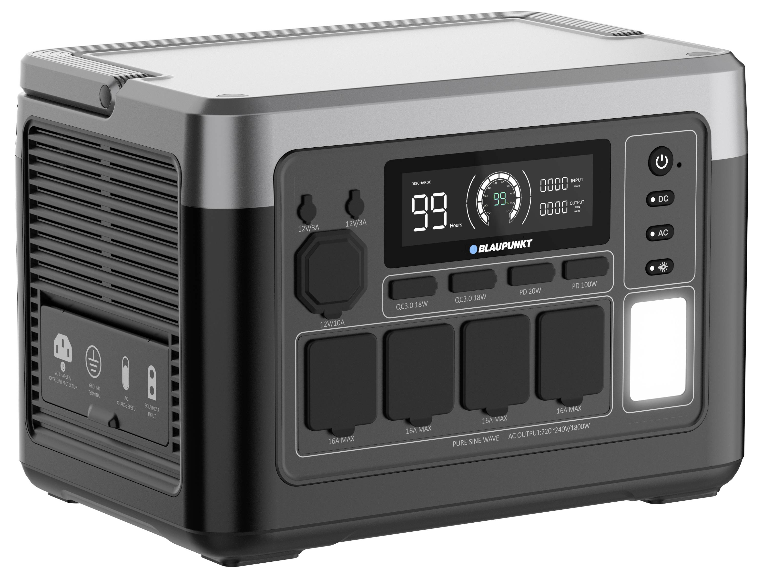 Tragbare Stromstation mit digitalem Display zur Anzeige des Ladestands. Verfügt über mehrere Anschlüsse und Bedienelemente auf der Frontplatte. Kompaktes Design.