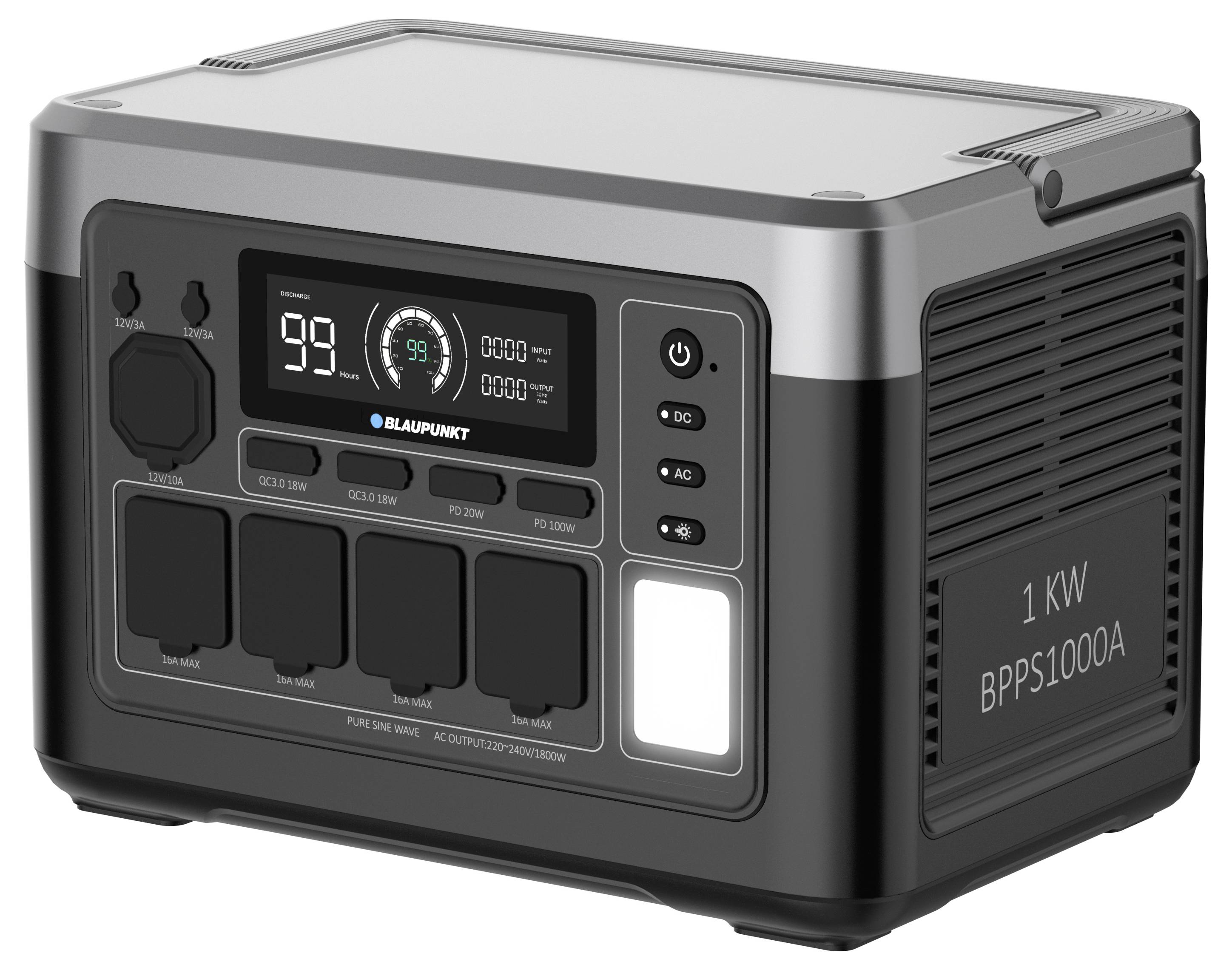 "Blaupunkt" tragbare Stromstation mit digitaler Anzeige, die 99 % Ladung zeigt, mehreren Steckdosen und einer Leistung von 1 kW.