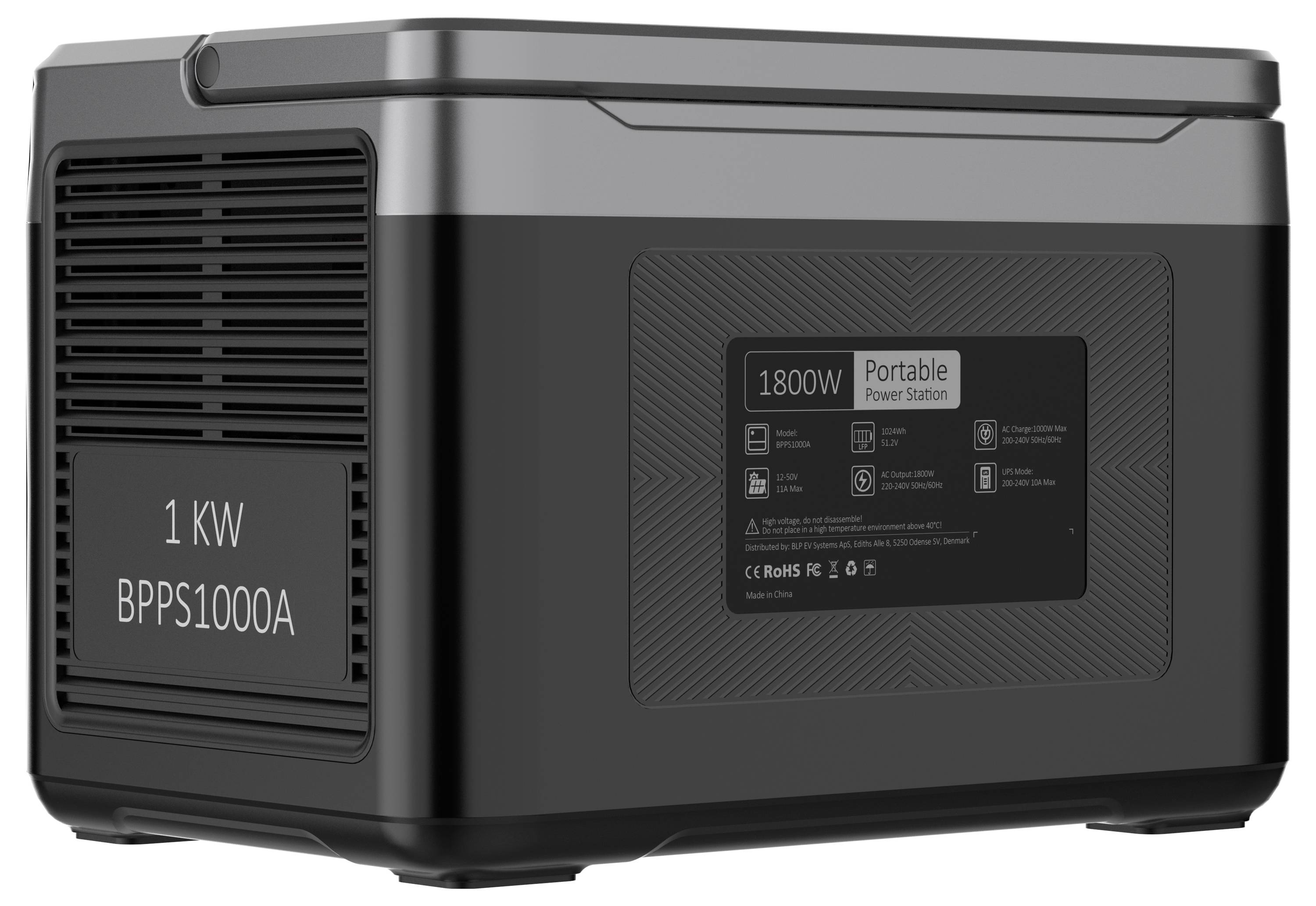 Eine tragbare Stromstation mit der Bezeichnung „1 KW BPPS1000A" mit einer Kapazität von 1800W. Sie hat ein elegantes, rechteckiges Design mit sichtbaren Lüftungsöffnungen.