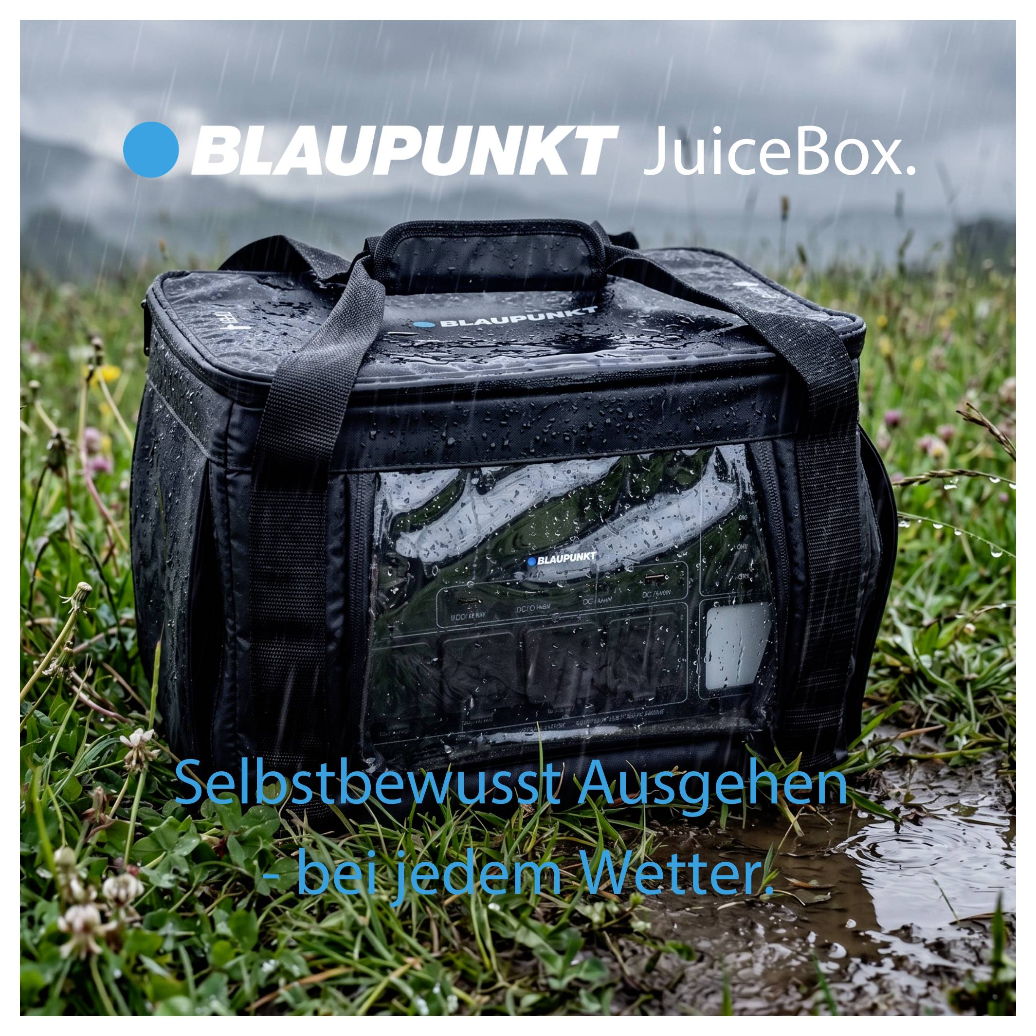 Wasserdichte blaue BLAUPUNKT JuiceBox-Tasche mit Gerät im Regen auf Gras; Werbetext: 'Selbstbewusst Ausgehen - bei jedem Wetter.'