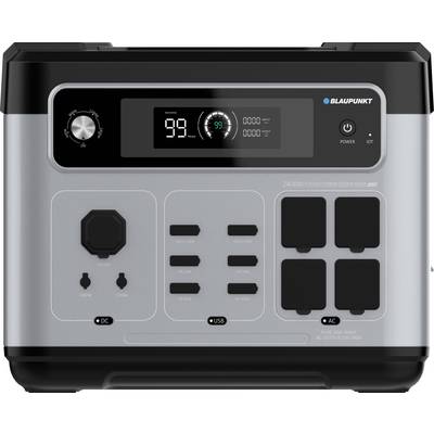 Blaupunkt tragbare Stromstation mit LCD-Display, Energieregler, Stromschalter, DC- und USB-Anschlüssen sowie vier AC-Steckdosen.