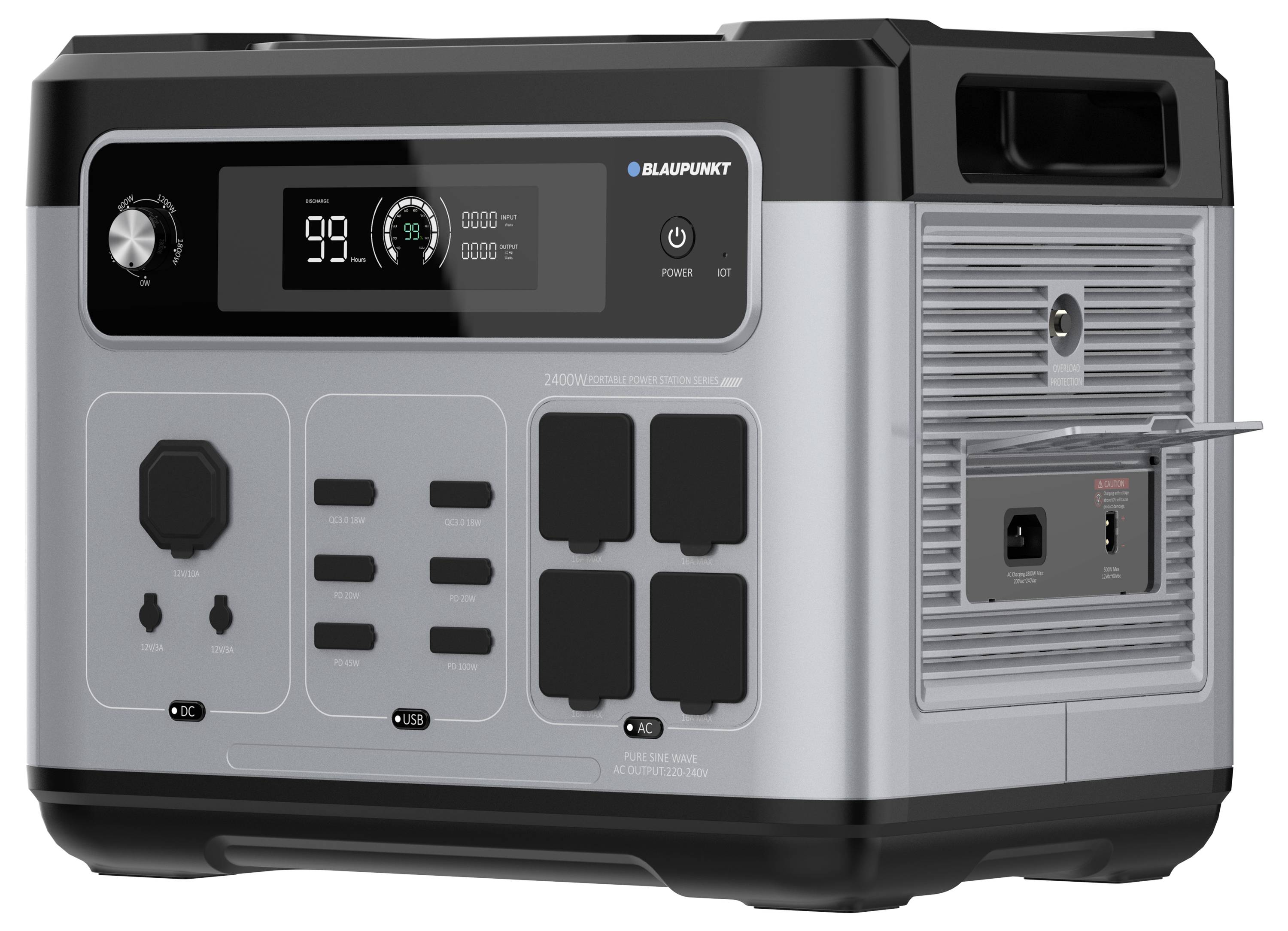 Tragbare Bluetti-ähnliche Stromstation mit digitaler Anzeige, AC- und USB-Anschlüssen sowie seitlichem Lüftungsgitter.
