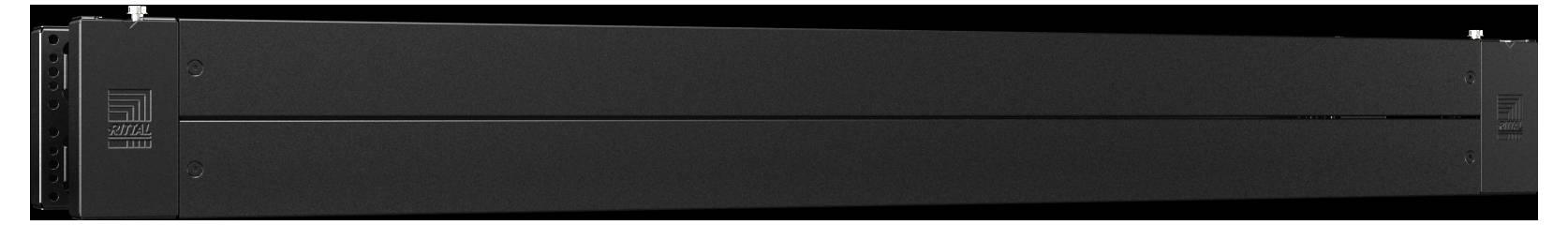 Ein schwarzes rechteckiges elektronisches Gerät mit Lüftungsschlitzen und Anschlüssen, möglicherweise ein Server oder eine Netzwerkkomponente, von der Seite betrachtet.