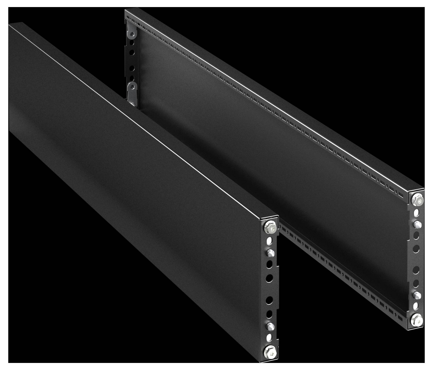 Zwei schwarze Metallrackblenden mit mehreren Befestigungslöchern, die vor einem einfarbigen schwarzen Hintergrund gezeigt werden und Teile für Elektronikgehäuse darstellen.