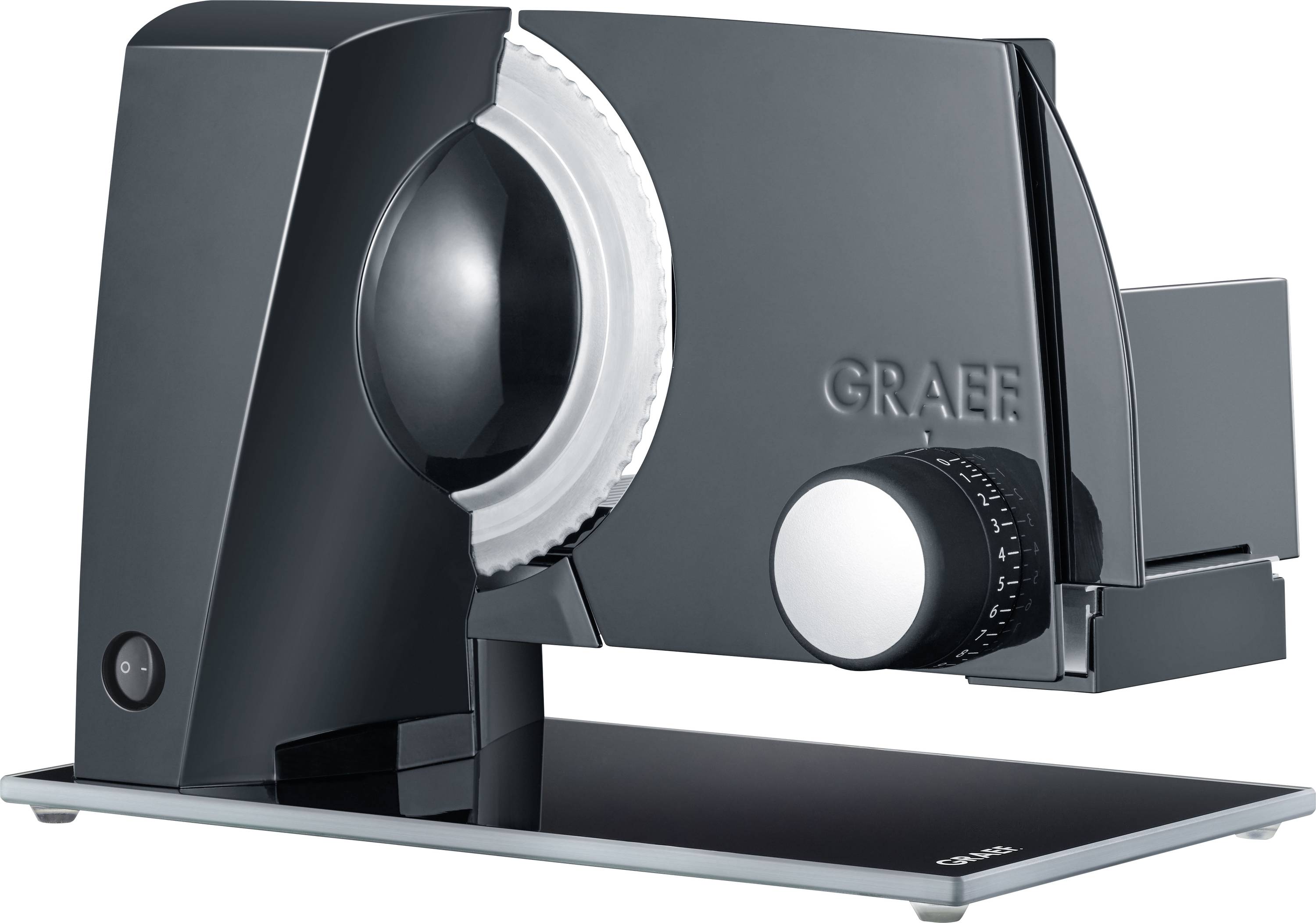 Elektrischer Lebensmittelschneider in elegantem Schwarzdesign mit einer runden Klinge, einstellbarem Dickeregler und dem Markennamen 'Graef', der seitlich eingraviert ist.