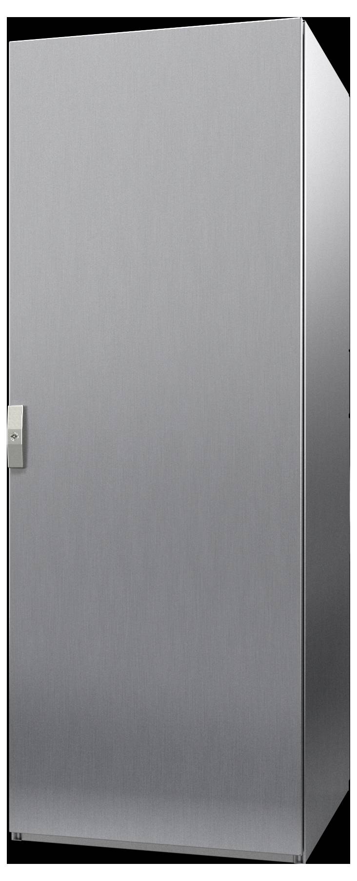 Eine elegante Kühlschranktür aus Edelstahl mit einem Griff an der linken Seite, die ein minimalistisches und modernes Design präsentiert.