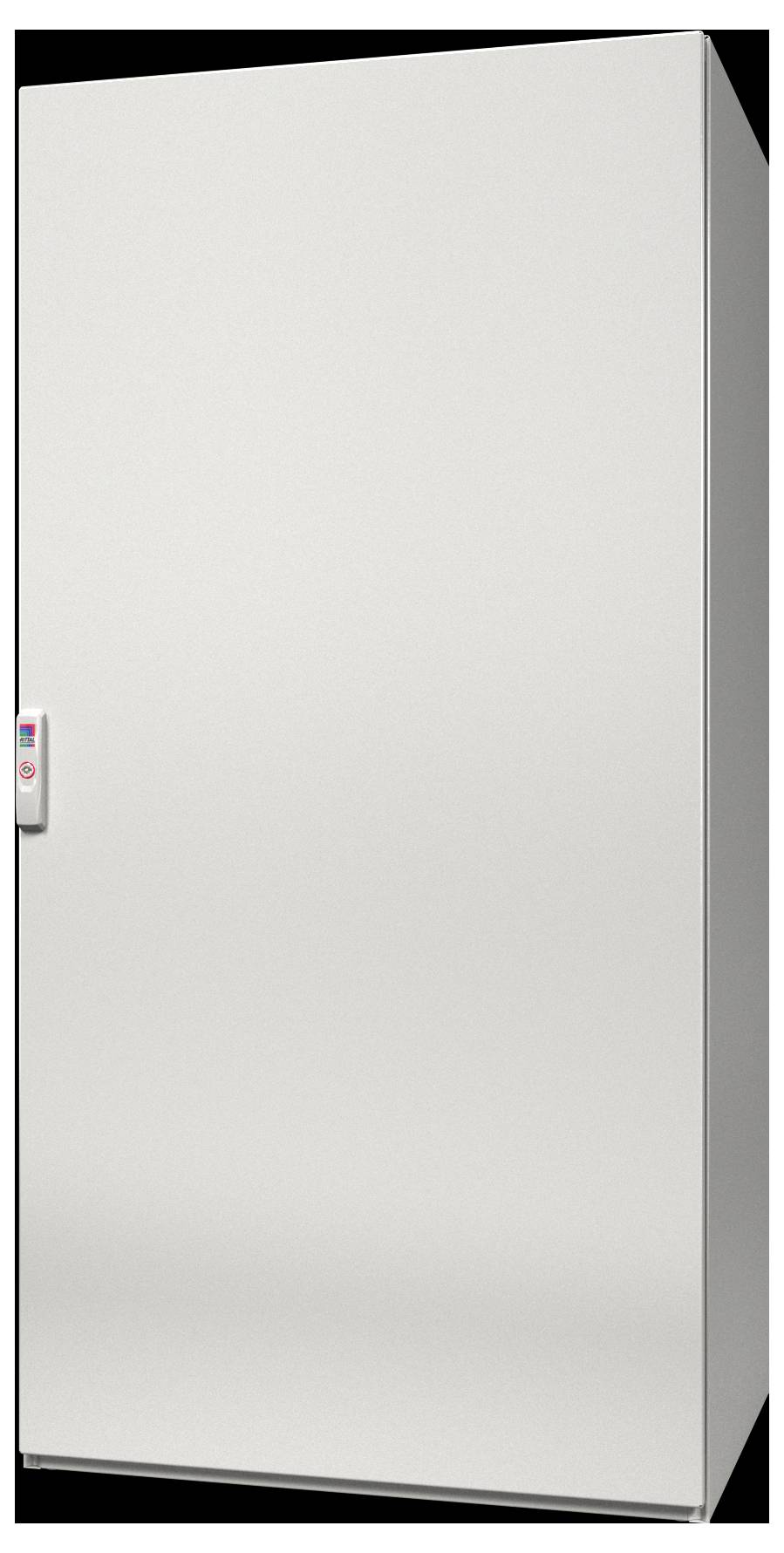 Ein hoher, weißer, geschlossener Schrank mit einem kleinen vertikalen Griff an der linken Seite.