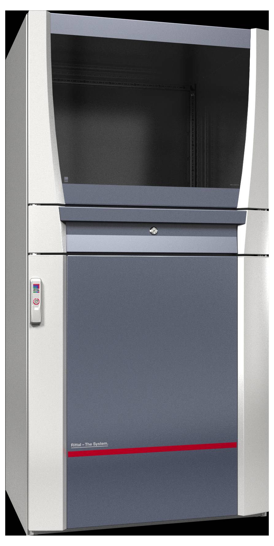 Ein großer, freistehender industrieller Lagerschrank mit elegantem, modernem Design, ausgestattet mit einer Glastür und einem Bedienfeld an der Seite.