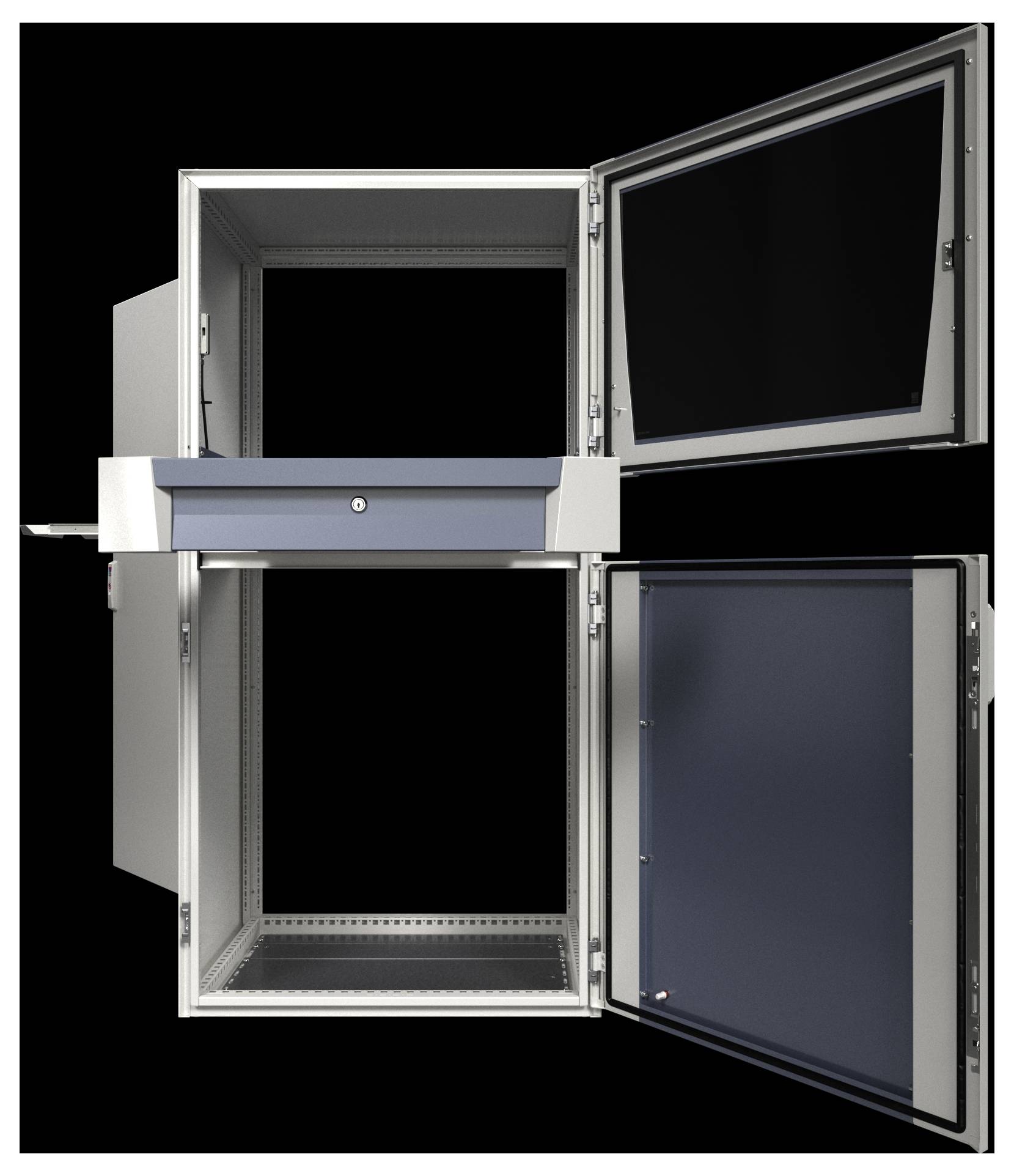 Eine offene Doppel-Metallgehäuse mit zwei Türen und einem integrierten Schubfach, das den Innenraum für Lagerung oder elektronische Komponenten präsentiert.