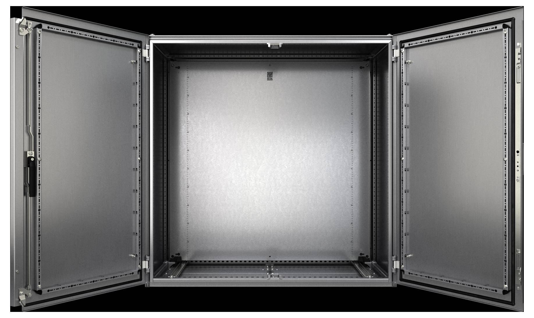 Ein offener, leerer Metallschrank mit zwei Seitentüren wird präsentiert, der einen geräumigen Innenraum offenbart, der sich zum Aufbewahren von Ausrüstung oder Vorräten eignet.