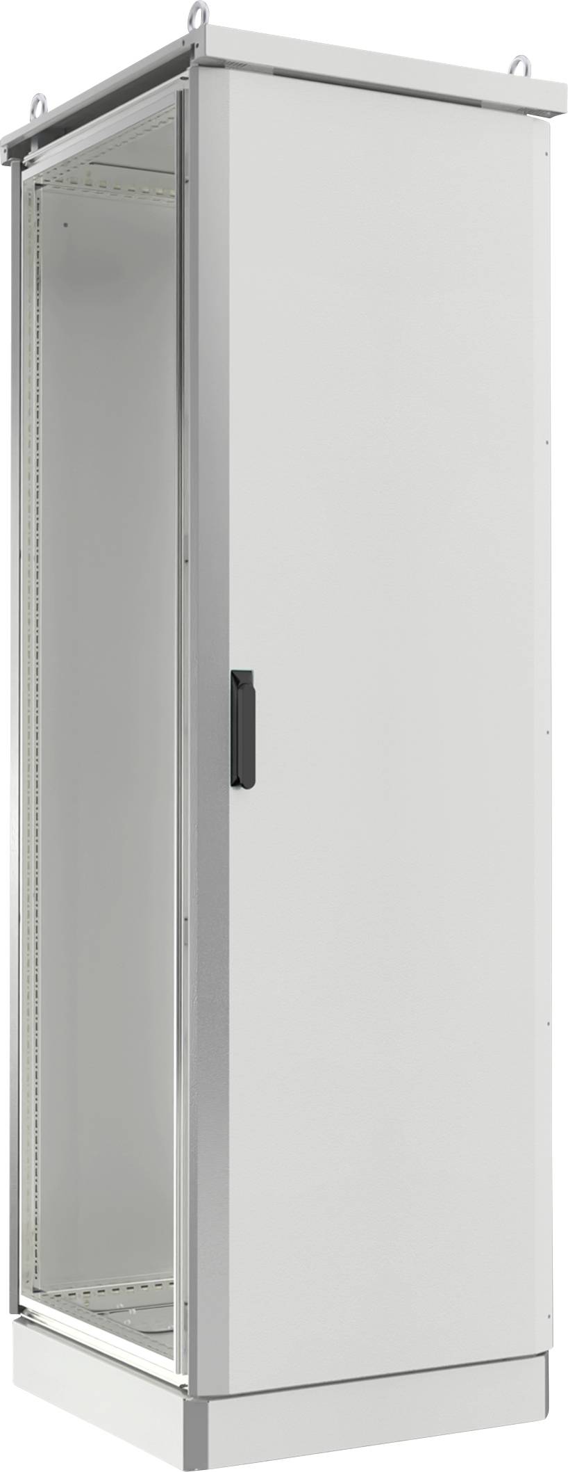 Ein hoher, leerer, grauer Metallschrank mit einer Glastür und einem schwarzen Griff, der typischerweise zur Aufbewahrung von elektronischen Geräten oder Netzwerkausrüstung verwendet wird.