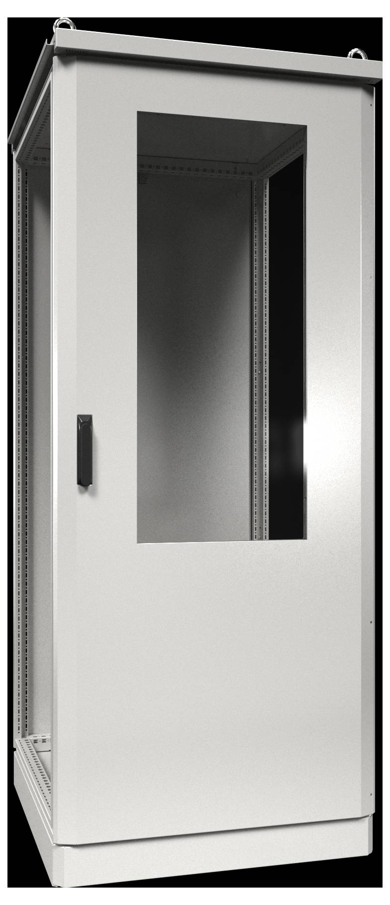 Ein hoher, weißer Serverrack mit einer Glastür. Der Schrank ist leer und zeigt seine Metallkonstruktion sowie das Potenzial zur Aufnahme von Ausrüstung.