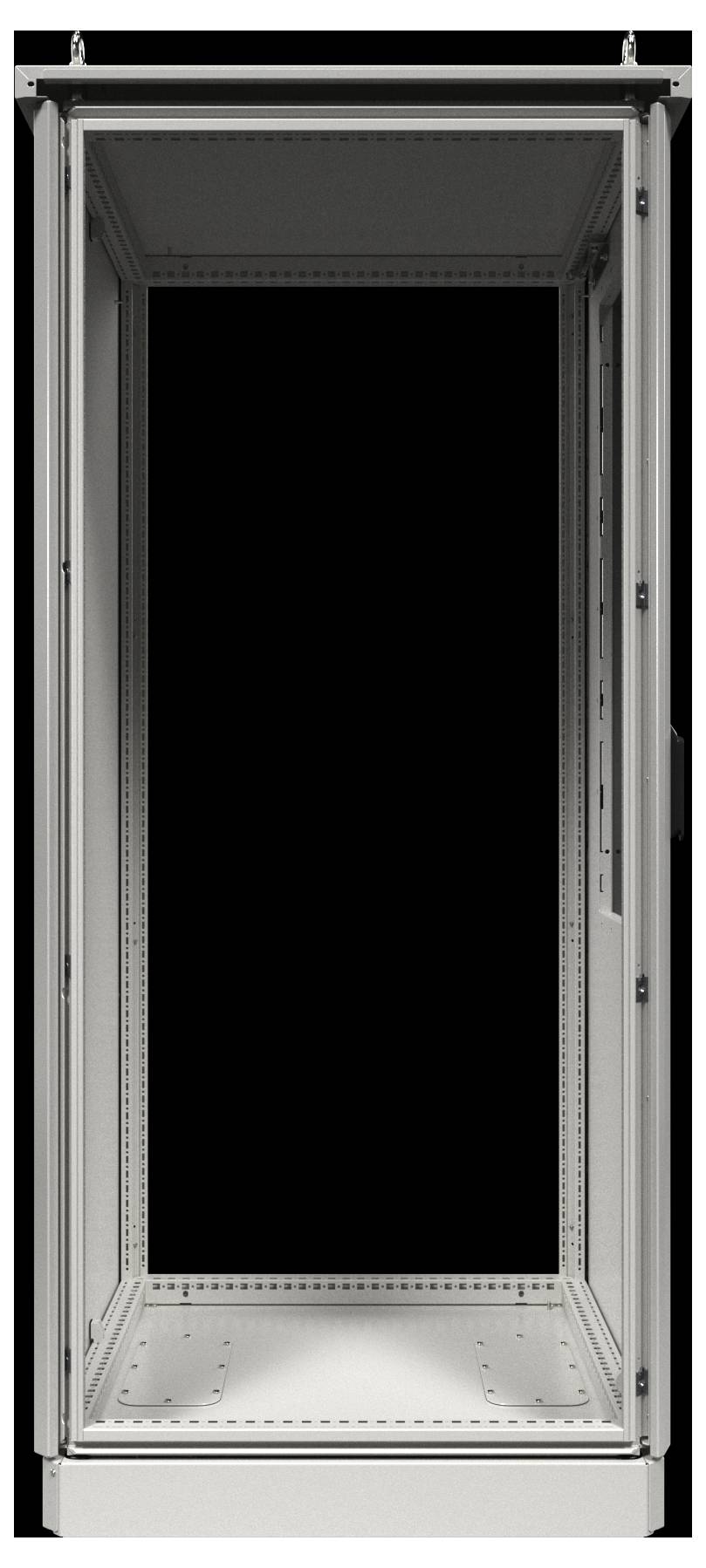 Ein leerer, offener Metallserver-Rack, von vorne betrachtet, mit Schlitzen und Befestigungspunkten zur Installation von elektronischer Ausrüstung.