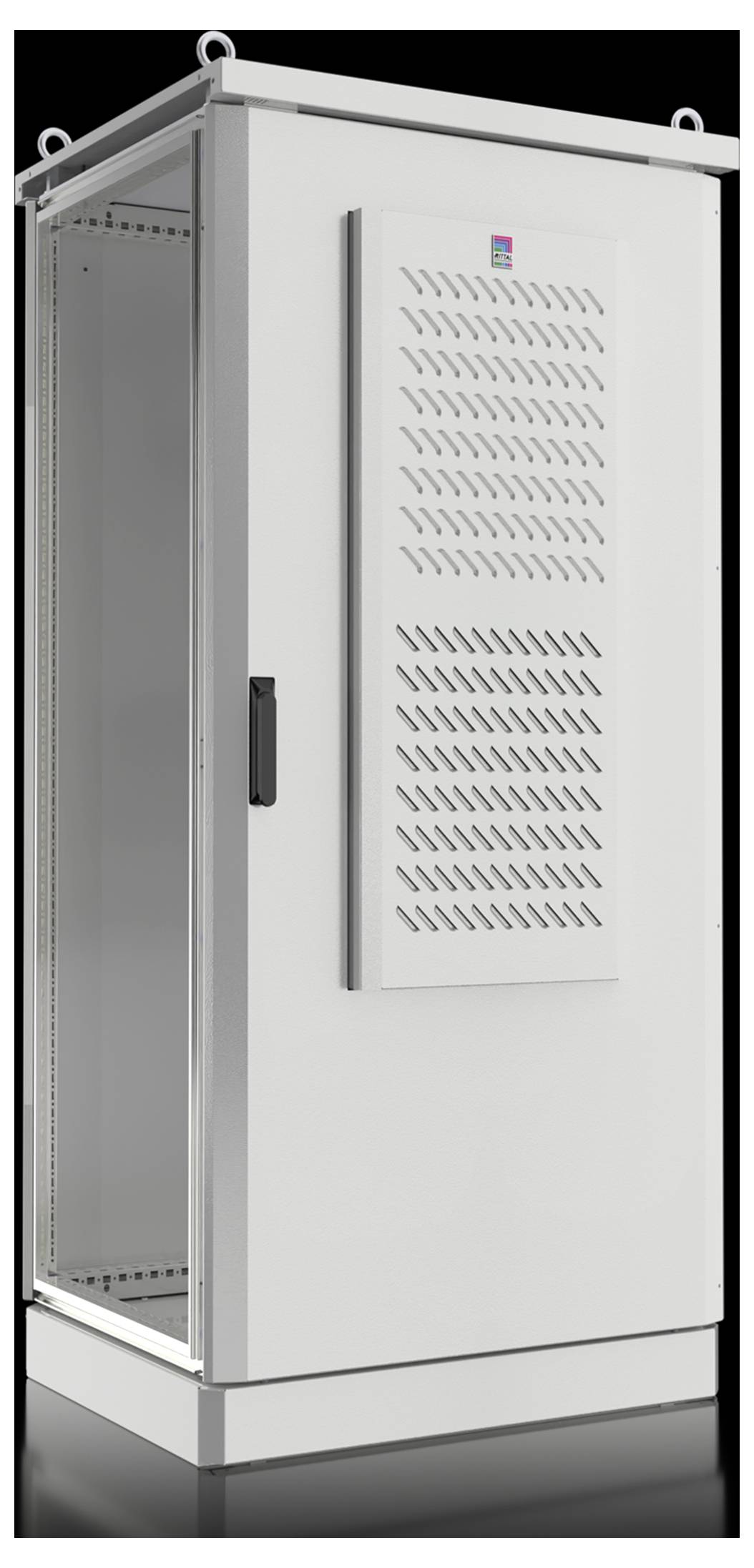 Ein weißer, industrieller Outdoor-Schrank mit einer belüfteten Türverkleidung, geeignet zur Unterbringung von elektronischer oder Netzwerkausrüstung.