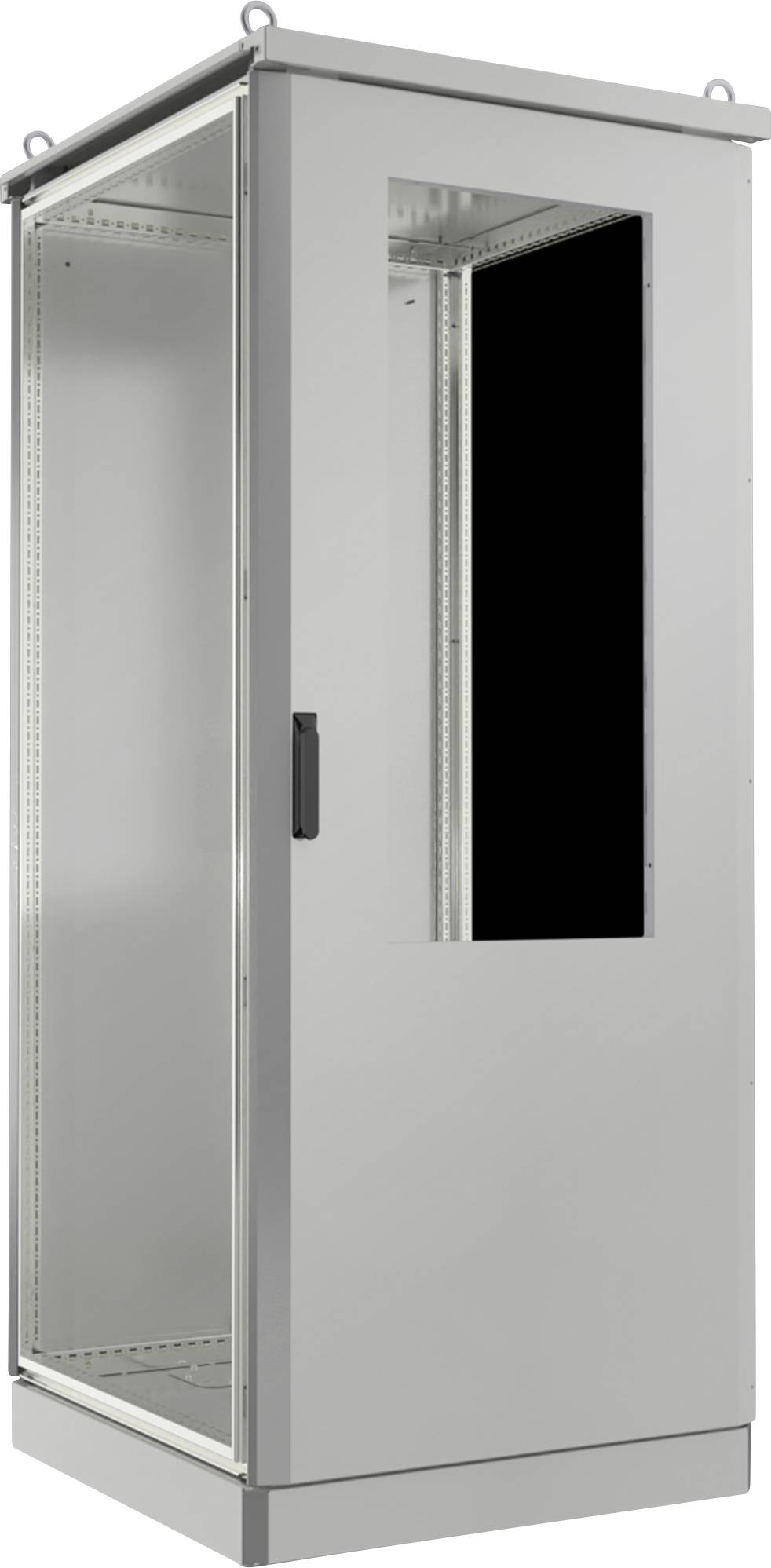 Ein hoher, rechteckiger, grauer Serverrack-Schrank mit einer Glastür, Metallrahmen und einem Griff, der für die Unterbringung von elektronischer Ausrüstung konzipiert ist.