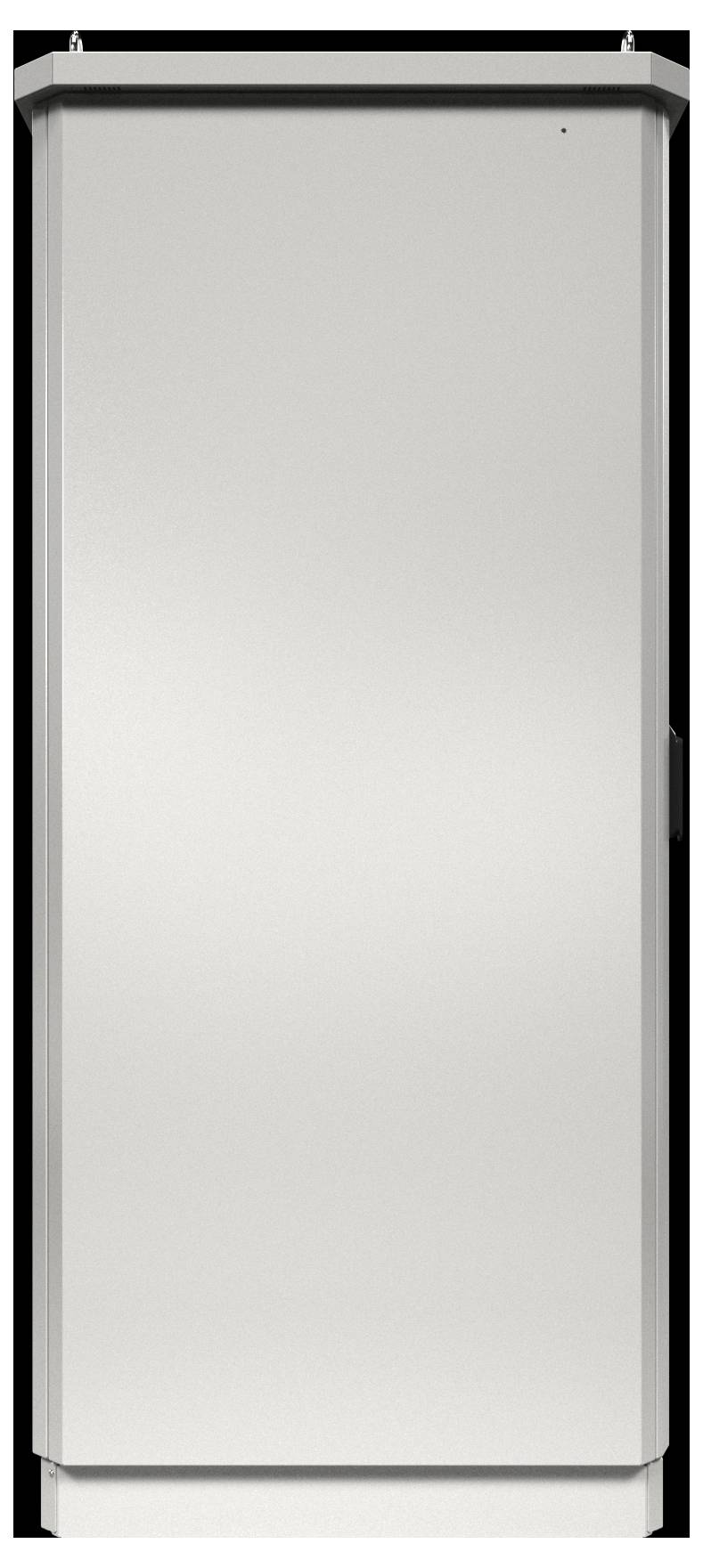 Ein hoher, weißer, geschlossener Elektroschrank mit minimalistischem Design, wahrscheinlich zur Aufbewahrung und Organisation von elektrischen Komponenten verwendet.
