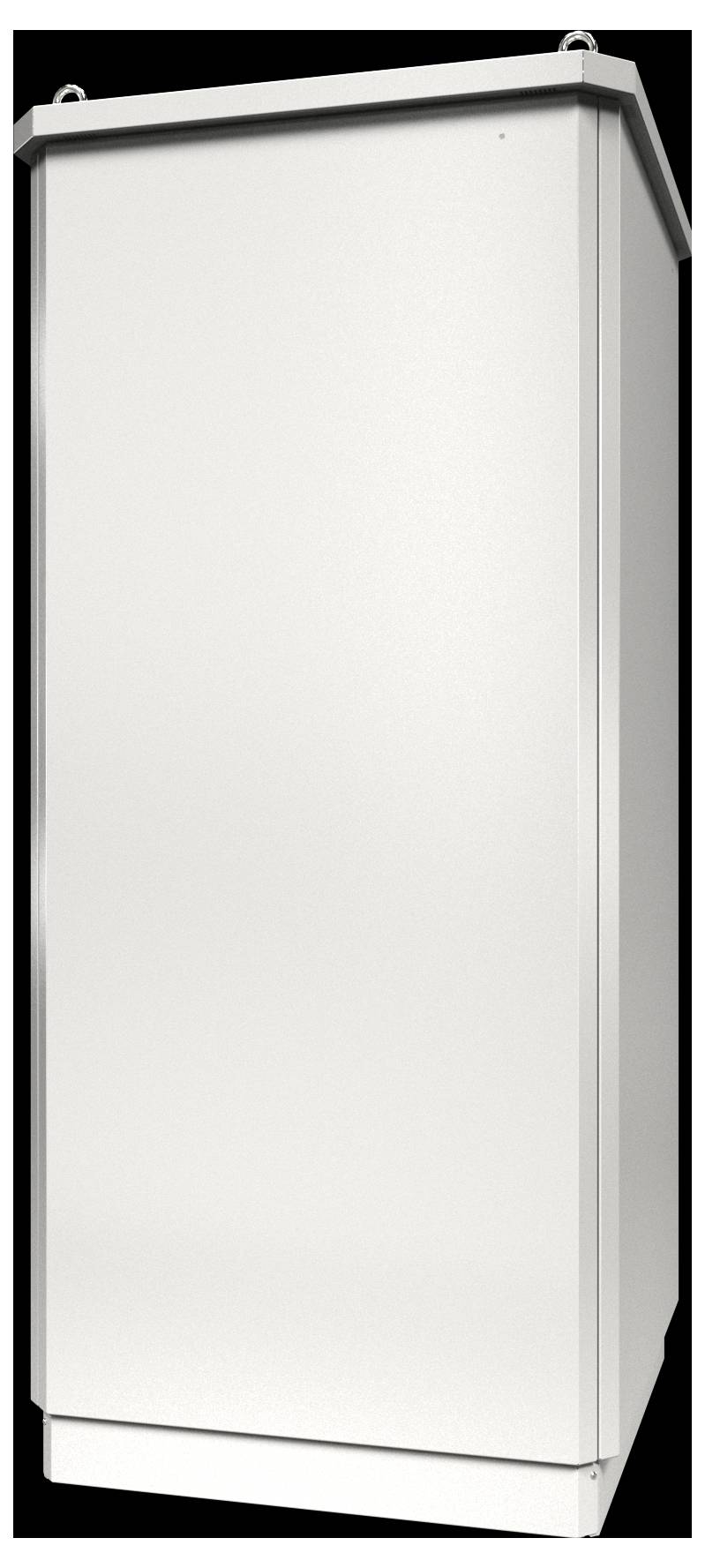 Ein großer weißer Metallschrank mit flacher Oberseite und sicheren Verschlüssen, der üblicherweise zur Lagerung von Outdoor-Elektroausrüstung verwendet wird.