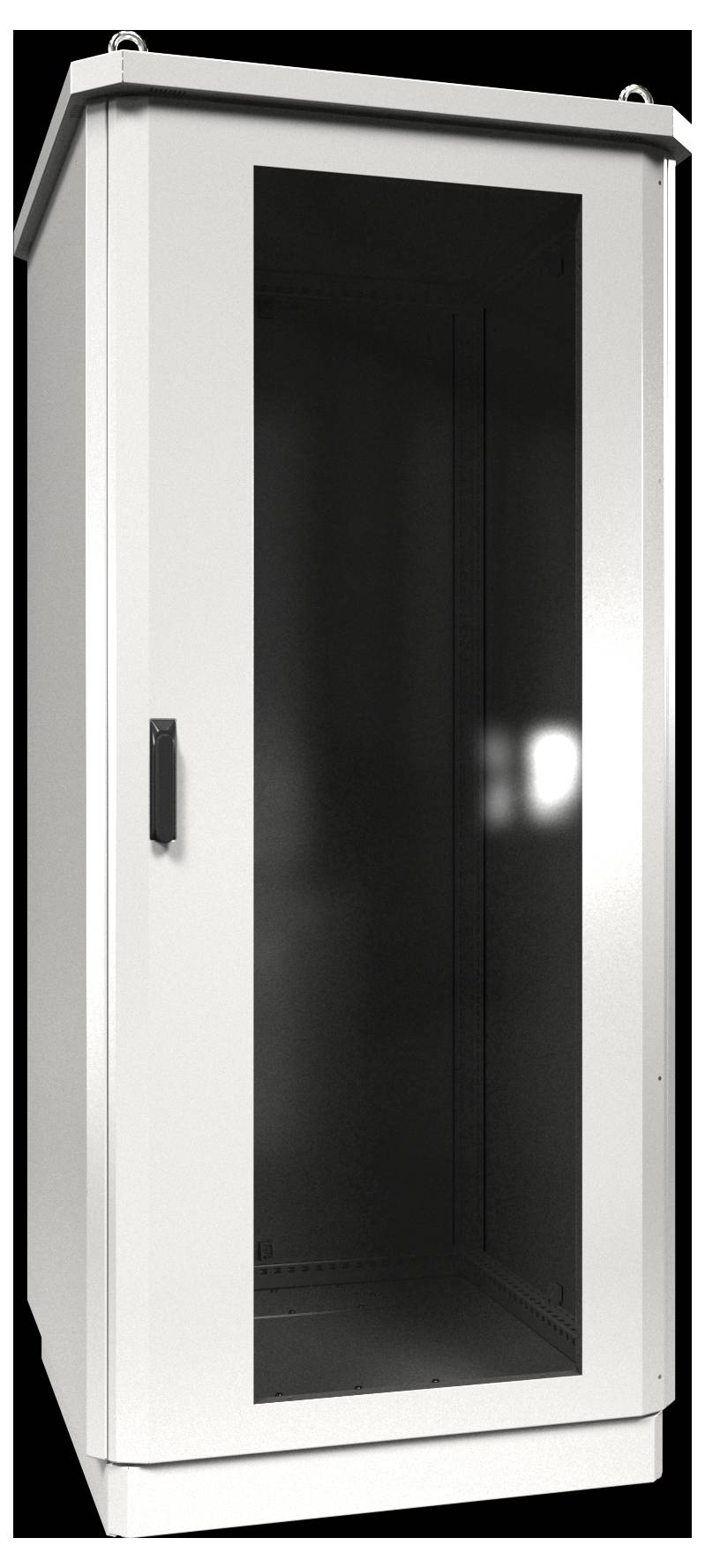 Ein hoher, leerer, weißer Serverschrank mit einer transparenten Fronttür, der den Innenraum zur Aufbewahrung von Netzwerkausrüstung präsentiert.