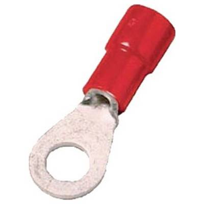 Roter isolierter Ringkabelschuh, der für elektrische Verbindungen verwendet wird und einen Metallring zum Befestigen an einer Schraube oder einem Bolzen aufweist.