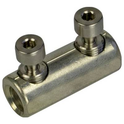 Ein Metallverbinder mit zwei Sechskantschrauben zum Befestigen von Drähten oder Stäben.