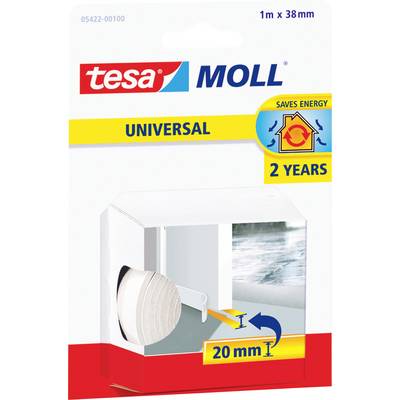 Paket 'tesa Moll Universal' Türdichtung, 1m x 38mm, spart Energie für 2 Jahre, mit einem Diagramm, das eine 20mm Spaltabdeckung zeigt.