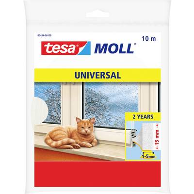 'Verpackung für Tesa Moll Universal Fenster-Isolierstreifen, 10m Länge, mit einer Katze am Fenster und den Abmessungen des Streifens: 1-5mm.'