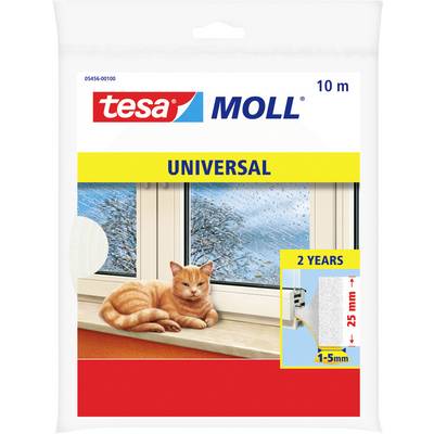'Verpackung des tesa MOLL Universal-Dichtungsbandes mit einer Illustration einer schlafenden Katze neben einem Fenster. Gibt eine Länge von 10 m und ein Dichtungsprofil von 1-5 mm an.'