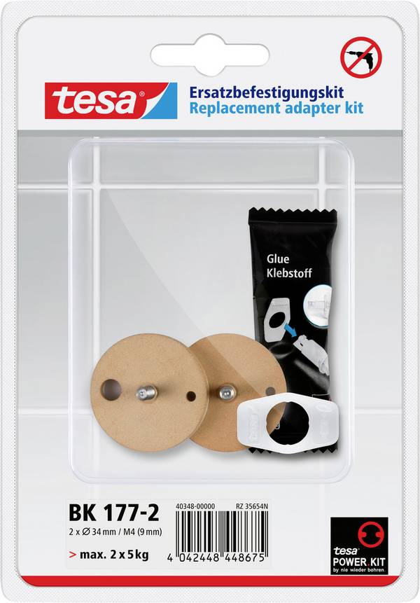 tesa tesa Power.Kit-Adapter BK177-2, selbstklebendes Ersatzteil-Set, Metallplatte, Durchmesser 34mm, Höhe 12mm, Bolzenlänge 9mm Inhalt: 1 St.