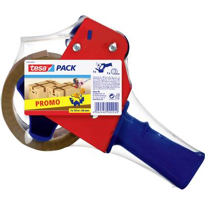 Ein rot und blau gemusterter Packband-Abroller mit einer Rolle braunem Klebeband mit der Aufschrift „tesa PACK PROMO".
