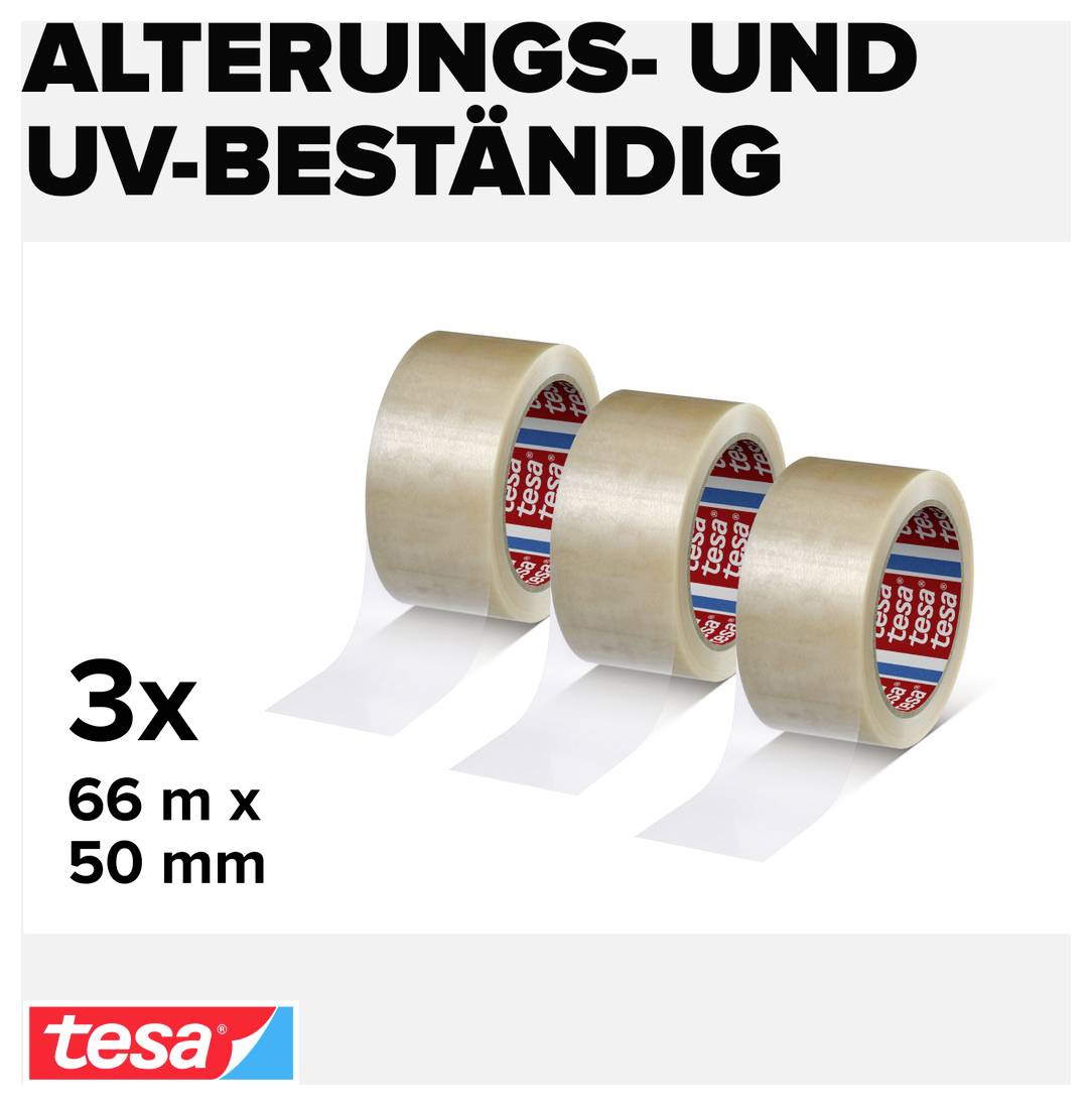Werbung für alterungs- und UV-beständiges tesa-Klebeband, 3 Rollen, Maße 66 m x 50 mm.<br>