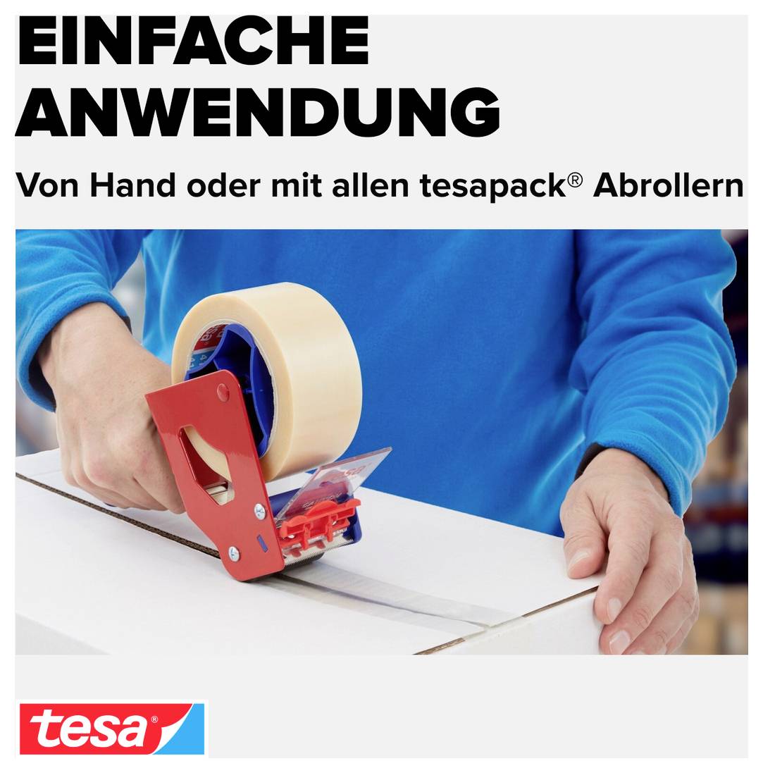 Person klebt einen Karton mit einem tesapack-Abroller; Text: 'EINFACHE ANWENDUNG' und 'Von Hand oder mit allen tesapack® Abrollern'.