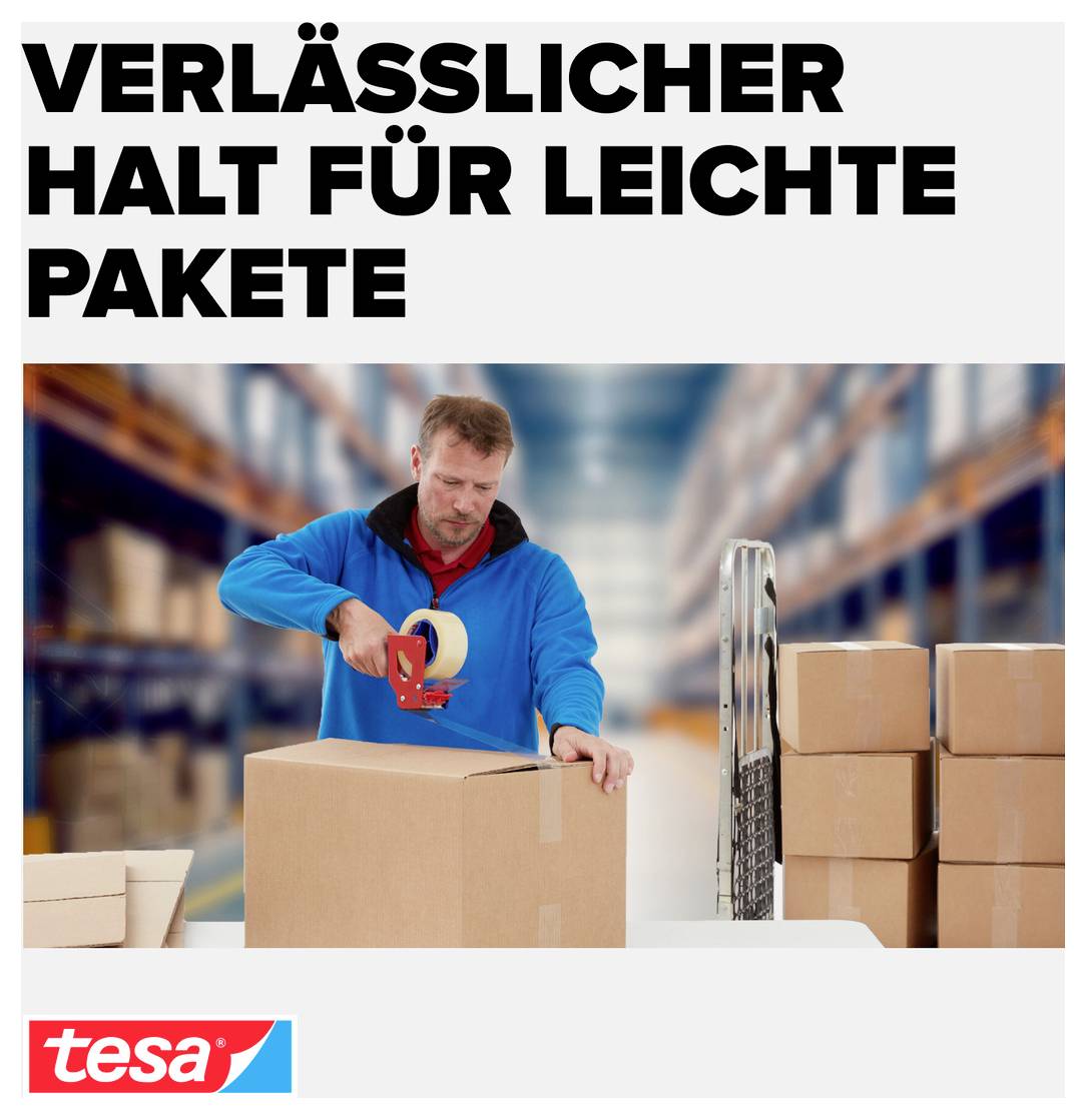 Werbetext 'VERLÄSSLICHER HALT FÜR LEICHTE PAKETE' mit tesa-Logo; Mann klebt Paket in Lagerhalle mit Klebeband.