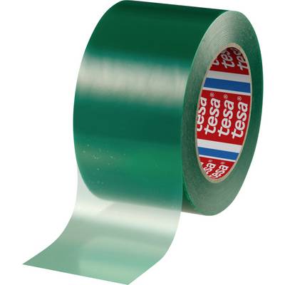 Transparente Verpackungsklebeband-Rolle, teilweise abgewickelt, auf weißem Hintergrund. Der innere Kern ist mit roten und blauen „tesa"-Logos gekennzeichnet.