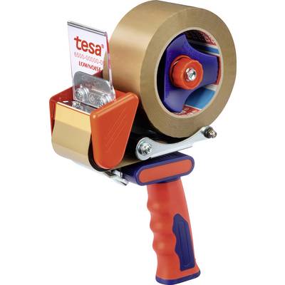 Ein tragbarer Tapeabroller mit braunem Packband, ausgestattet mit einem rot-blauen Griff.