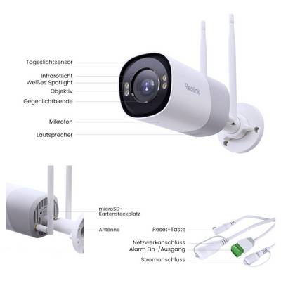 Überwachungskamera mit infrarotem Spotlight, Mikrofon, Lautsprecher und mehreren Anschlüssen. Zeigt auch Tageslichtsensor und Antennen.