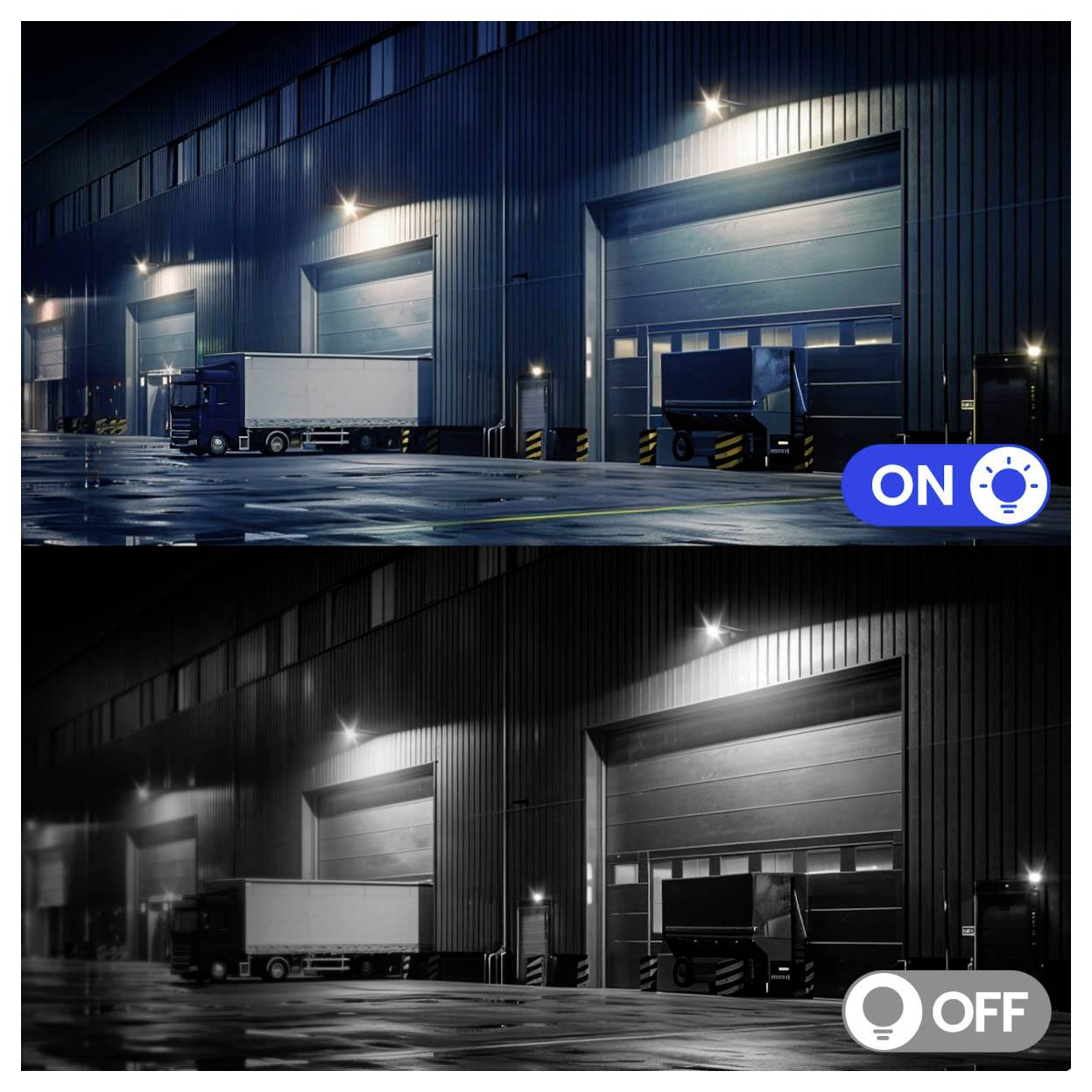 Zwei Bilder einer Laderampe bei Nacht. Oberes Bild mit blauen Lichtern, beschriftet als "AN"; unteres Bild in Graustufen, beschriftet als "AUS".