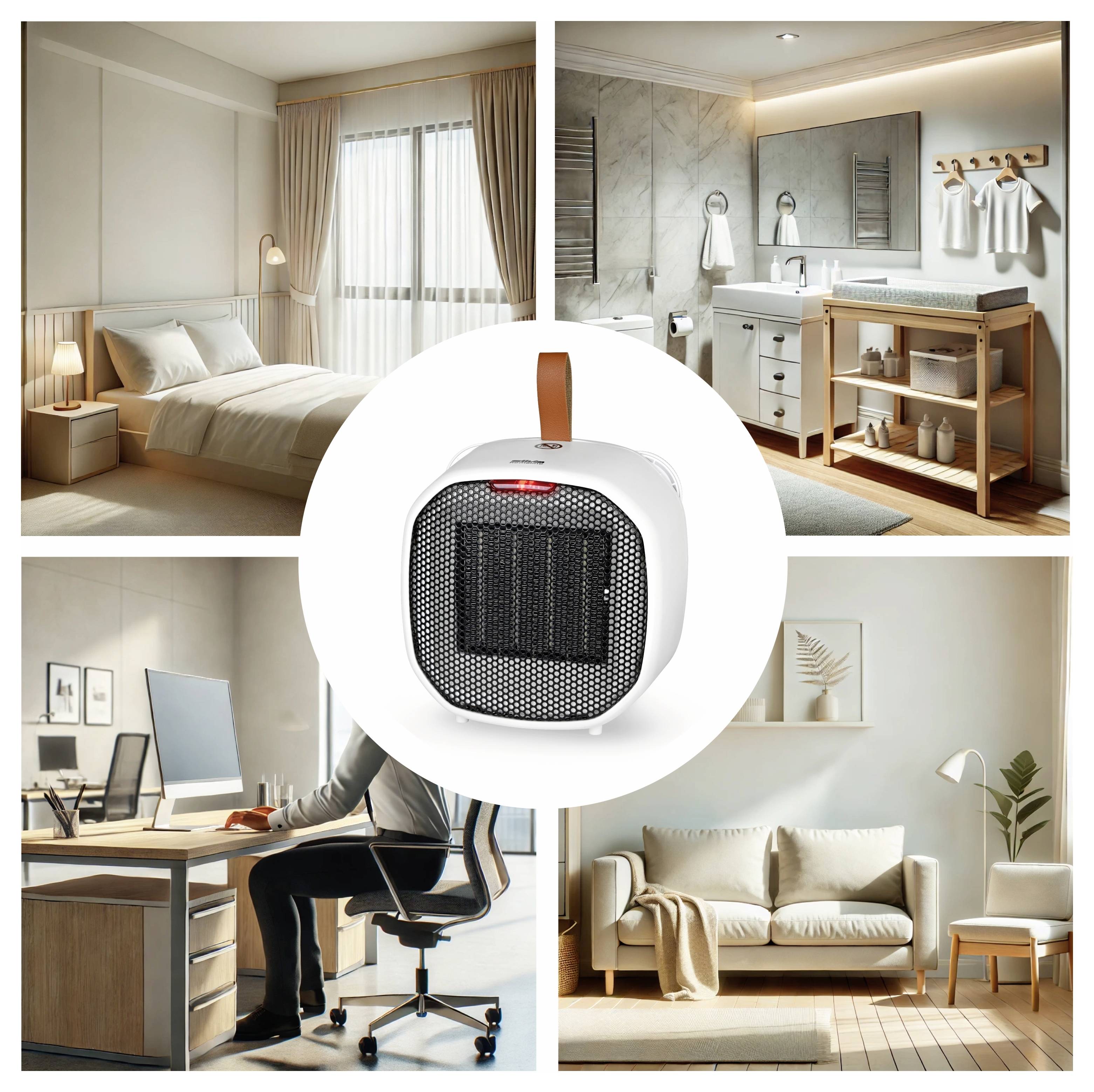 Eine moderne Wohnszene mit vier Räumen: ein Schlafzimmer, Badezimmer, Büro und Wohnbereich. Ein kompakter Heizlüfter ist visuell zentriert und deutet auf seine Verwendung hin.