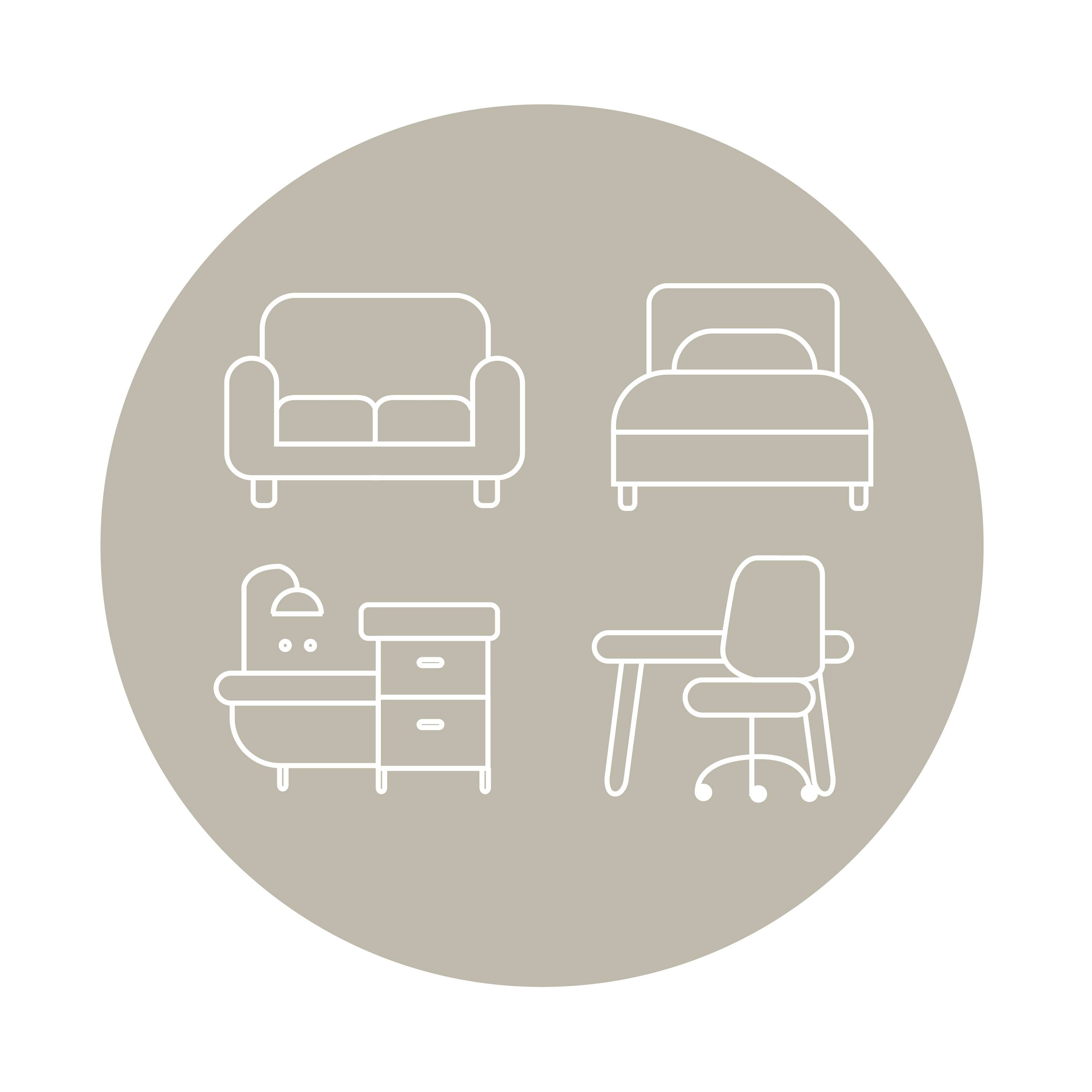 Ein beiger Kreis enthält einfache weiße Linienzeichnungen eines Sofas, Bettes, Schreibtisches und Bürostuhls, die Heimmöbel darstellen.