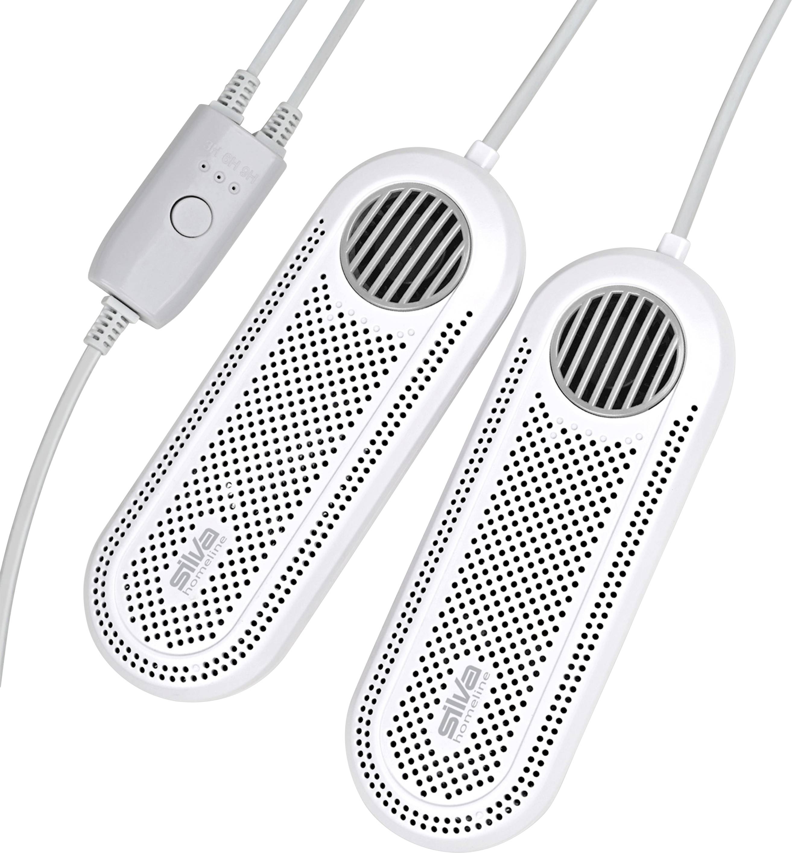 Elektrischer Schuhtrockner mit zwei weißen belüfteten Einheiten und einem Netzschalter, entwickelt zum effizienten Entfernen von Feuchtigkeit aus Schuhwerk.