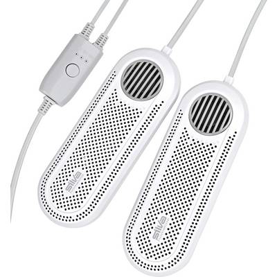 Elektrischer Schuhtrockner mit zwei weißen belüfteten Einheiten und einem Netzschalter, entwickelt zum effizienten Entfernen von Feuchtigkeit aus Schuhwerk.