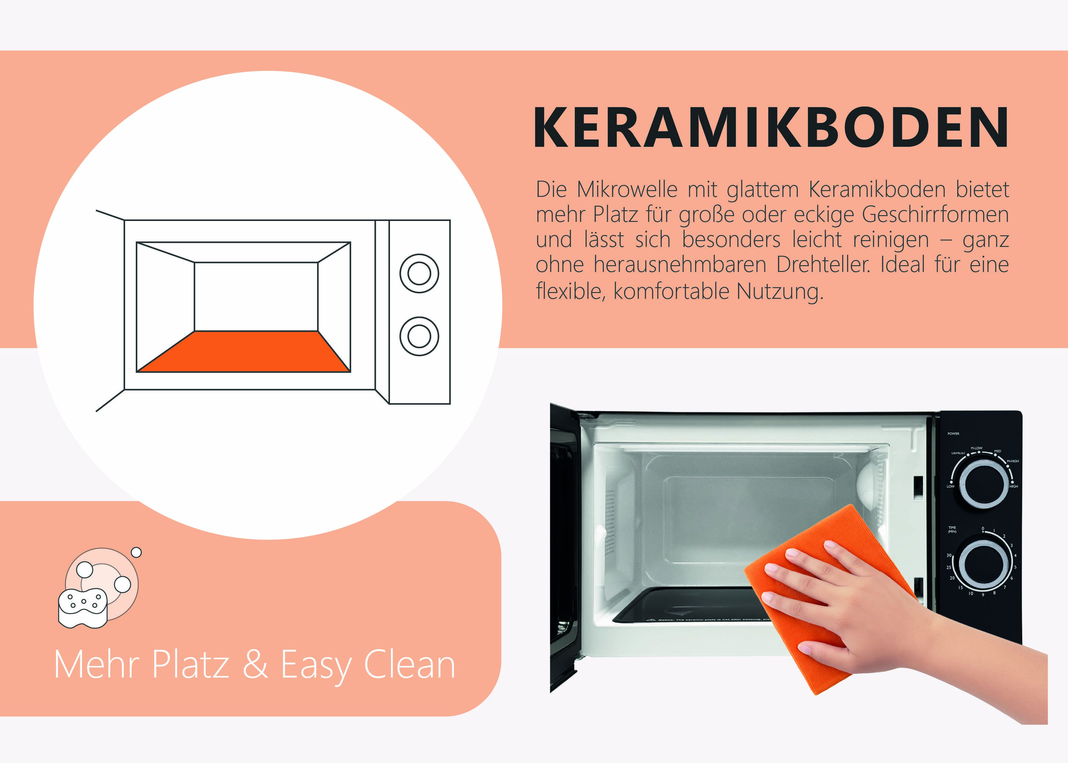 Ein Mikrowellegerät mit flachem Keramikboden und offener Tür wird gezeigt. Eine Hand wischt das Innere mit einem orangefarbenen Tuch. Deutscher Text: "Mehr Platz & Easy Clean".