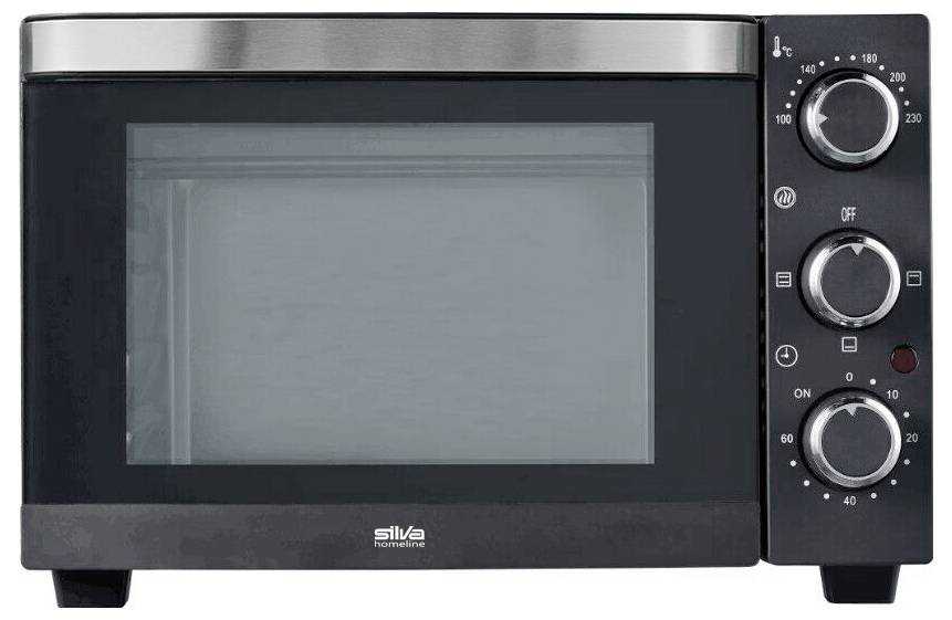 Ein schwarzer Küchenofen mit Arbeitsplatte, einer Glastür, drei Bedienknöpfen für Temperatur, Funktion und Timer; die Marke ist unterhalb sichtbar.