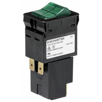Ein rechteckiger, grün beleuchteter Wippschalter mit elektrischen Spezifikationen für AC240V und AC277V Verwendung.