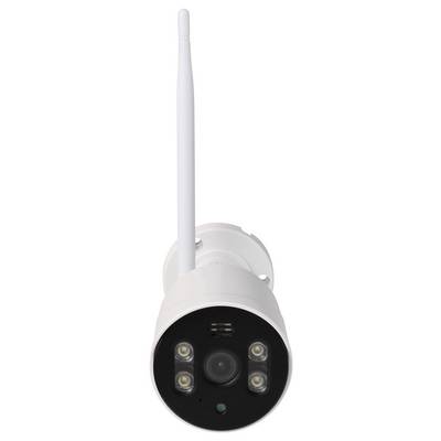 Weiße Außensicherheitskamera mit langer Antenne, schwarzem Frontlinsen und LED-Leuchten auf einer Wandhalterung montiert.