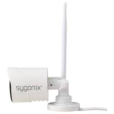 Weiße Sygonix-Funküberwachungskamera mit hoher Antenne auf einem Ständer, gezeigt vor einem einfachen Hintergrund.