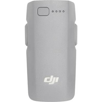 Eine graue Drohnen-Batterie mit einer kleinen quadratischen Taste, vier LED-Indikatorleuchten und dem DJI-Logo am unteren Ende.