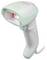 Ein tragbarer Barcode-Scanner mit einem weiß-mintgrünen Design, ausgestattet mit einem roten Scan-Licht, der typischerweise zum Lesen von Barcodes verwendet wird.