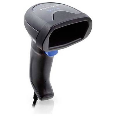 Ein tragbarer Barcode-Scanner mit schwarzem Gehäuse und blauer Taste, der zum Lesen von Barcodes für Inventur oder Verkaufsabwicklung verwendet wird.
