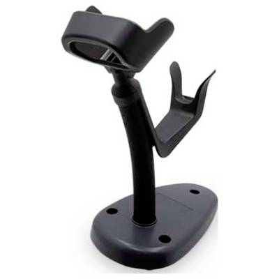 Schwarzer Barcode-Scanner-Ständer mit verstellbarem Arm, elliptischer Basis und zwei Montagelöchern.